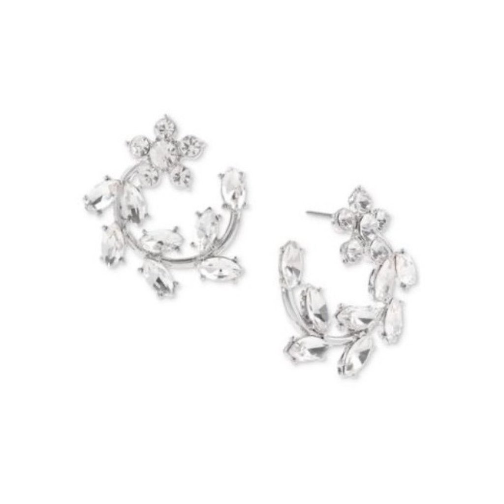 Inc Silver-Tone Medium Crystal Flower Bypass Hoop Earrings New